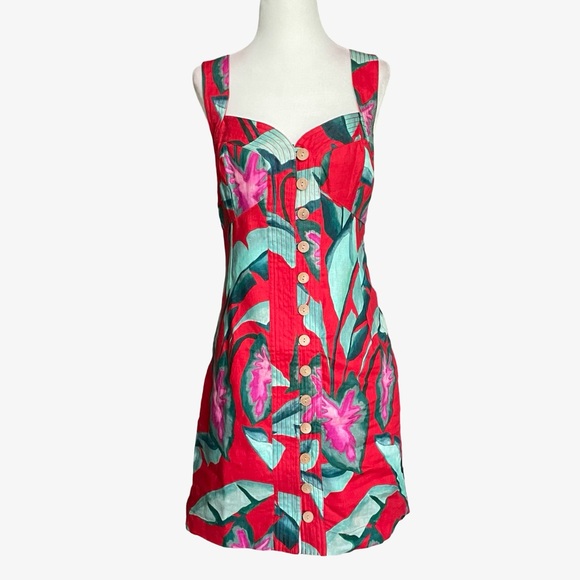 FARM Rio Summer Foliage Cross Back Mini Dress Red Medium NWT - Picture 2 of 16